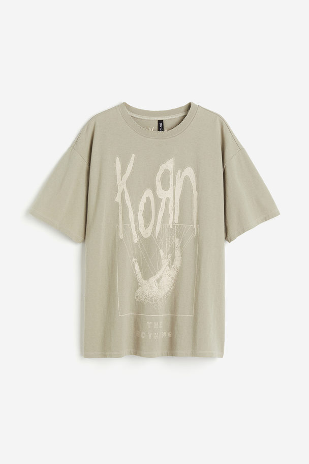 H&M Oversized T-shirt Med Tryk Lys Kakigrøn/korn
