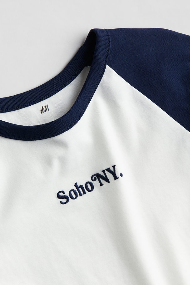 H&M Motif-detail Raglan T-shirt Navy Blue/soho Ny