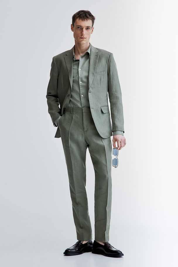 H&M Slim Fit Linen Suit Trousers Grey-green