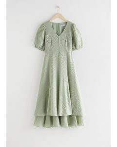 Puff Sleeve Double Layer Midi Dress Green