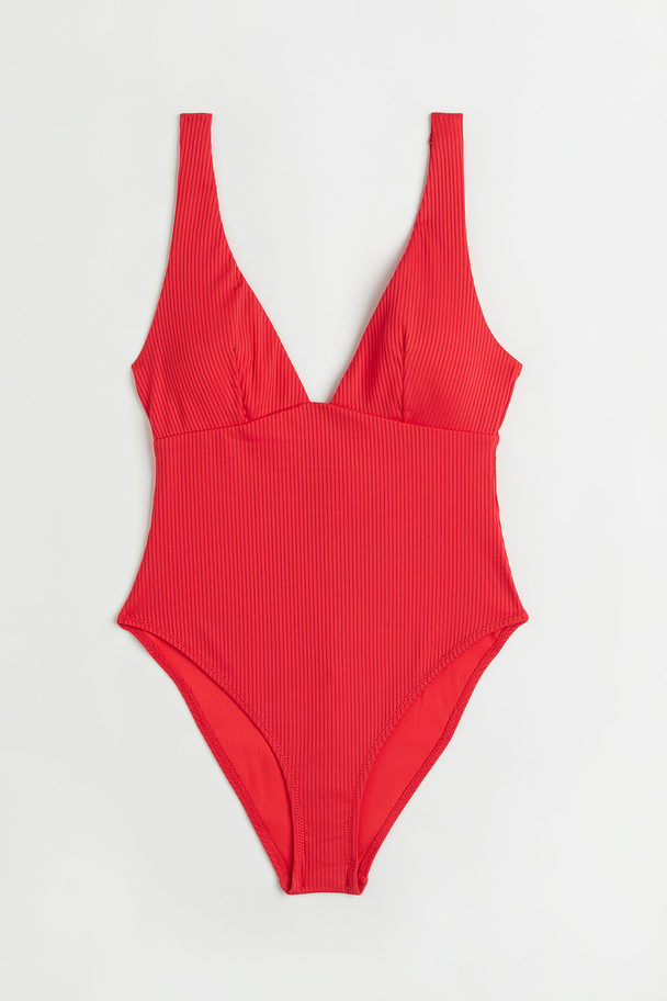 H&M High Leg Ribbed Swimsuit Bright Red