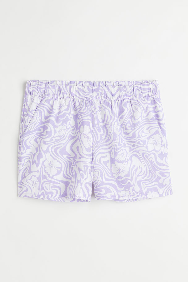 H&M H&m+ Wide Linen-blend Shorts Light Purple/patterned