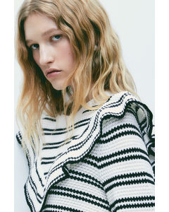 Frill-trimmed Textured-knit Jumper White/striped