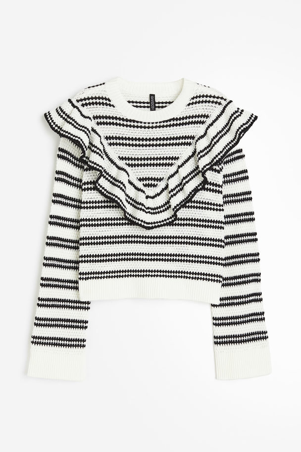 H&M Frill-trimmed Textured-knit Jumper White/striped