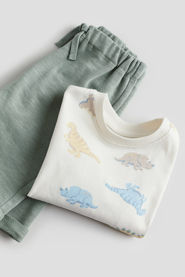 H&M 2-piece Cotton Set Dusty Green/dinosaurs