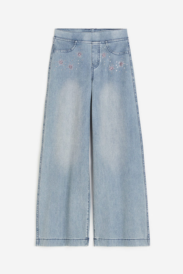 H&M Wide Trousers Denim Blue/rhinestones