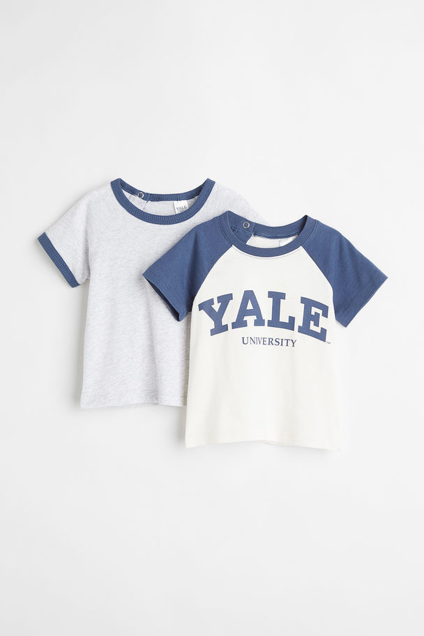 H&M 2er-Pack T-Shirts mit Druck Blau/Yale