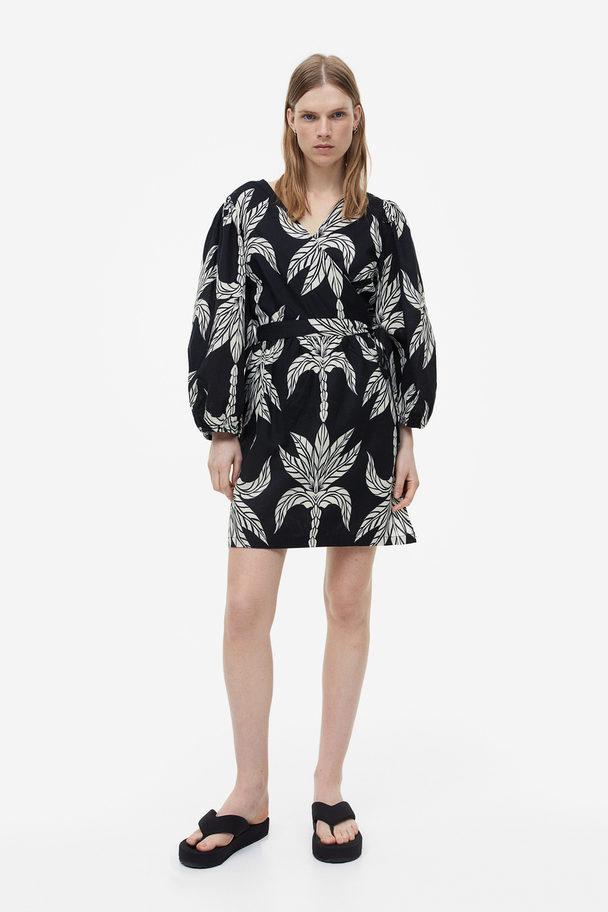 H&M Linen-blend Wrap Dress Black/palm Trees