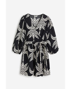 Linen-blend Wrap Dress Black/palm Trees