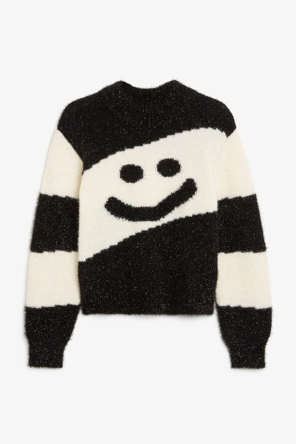 Monki Fluffy Knit Sweater Black & White Glitter Smile