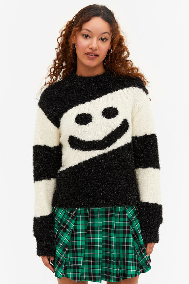 Monki Fluffy Knit Sweater Black & White Glitter Smile