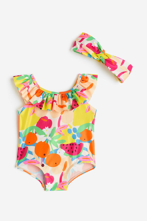 H&M Swimsuit And Hairband Bright Yellow/fruits