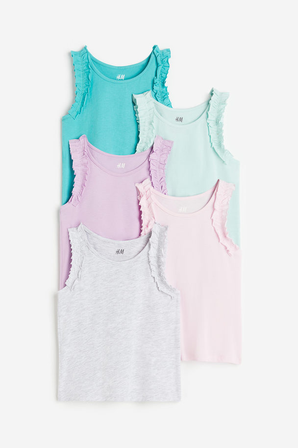H&M 5-pack Frill-trimmed Vest Tops Turquoise/lilac