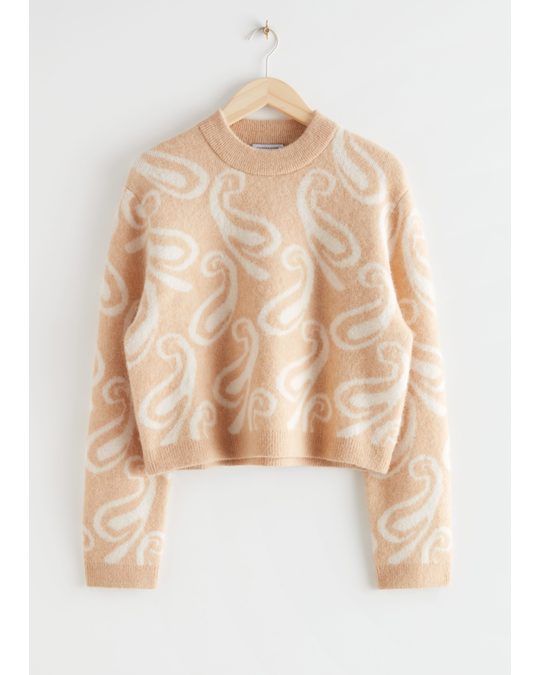 & Other Stories Cropped Jacquard Knit Sweater Beige/white Motif