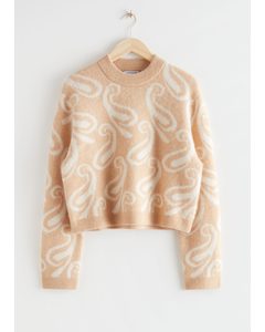 Cropped Jacquard Knit Sweater Beige/white Motif