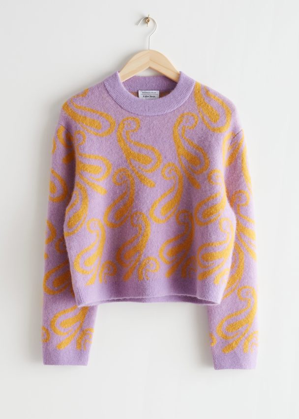 & Other Stories Cropped Jacquard Knit Sweater Lilac/yellow Motif