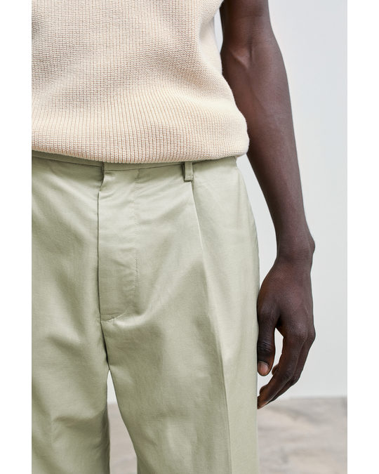 H&M Relaxed Fit Linen-blend Trousers Light Khaki Green