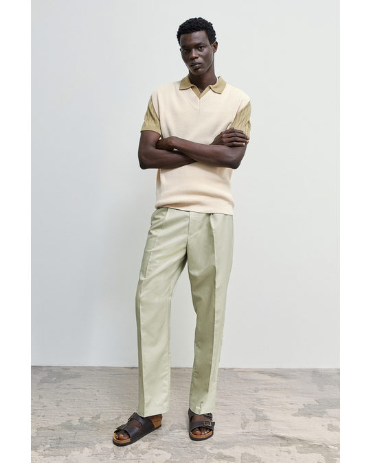 H&M Relaxed Fit Linen-blend Trousers Light Khaki Green