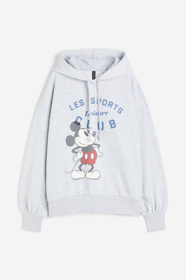 H&M Oversized Print-motif Hoodie Light Grey Marl/mickey Mouse