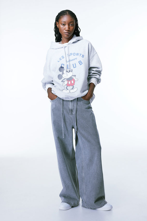 H&M Oversized Print-motif Hoodie Light Grey Marl/mickey Mouse