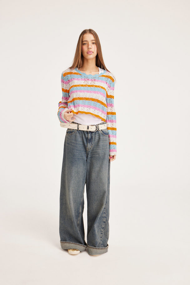 Monki Cropped Lace-knitted Sweater Soft Stripes
