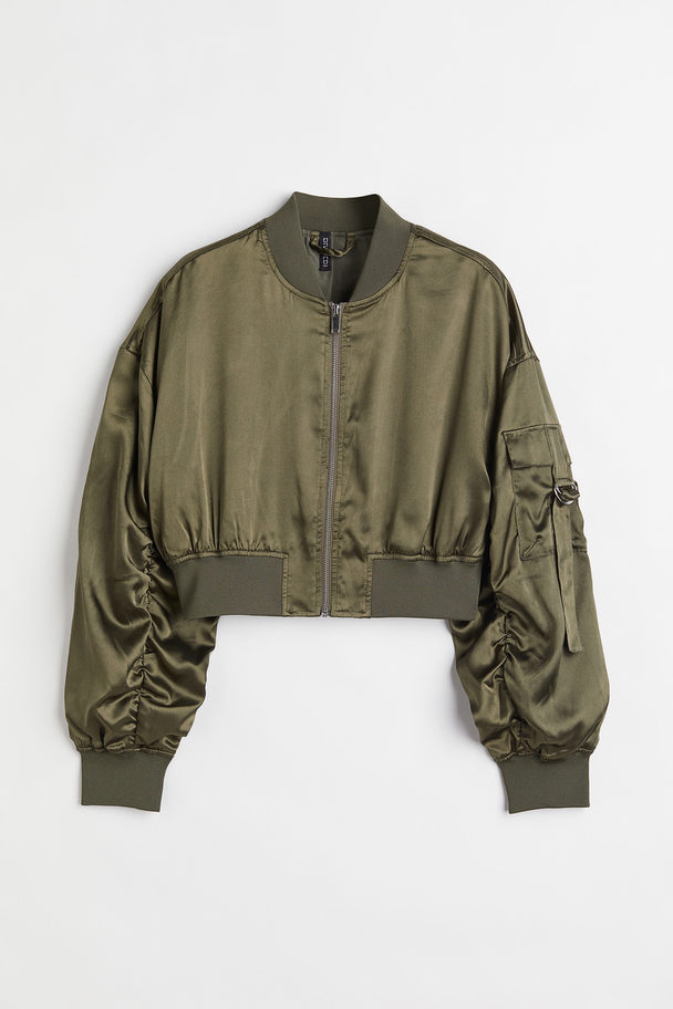 H&M Cropped Satin Bomber Jacket Khaki Green