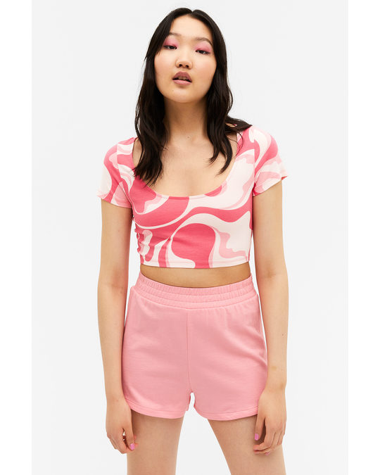 Monki Short Sleeved Crop Top Swirly Pink