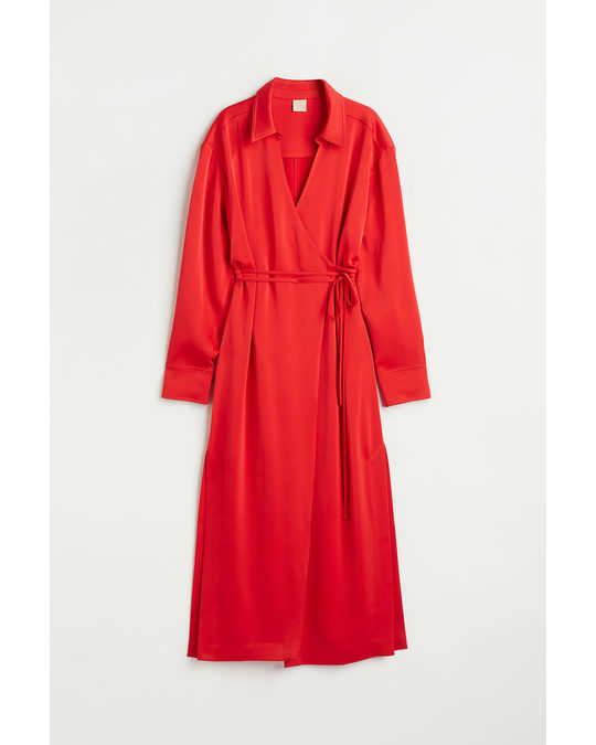 H&M Satin Wrap Dress Bright Red
