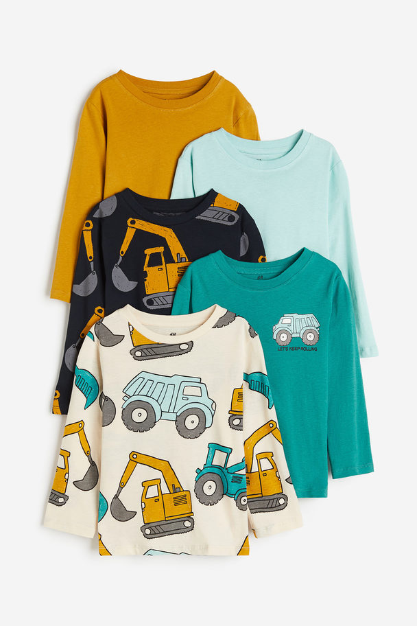 H&M Set Van 5 Shirts Van Katoenen Tricot Donkerturkoois/voertuigen