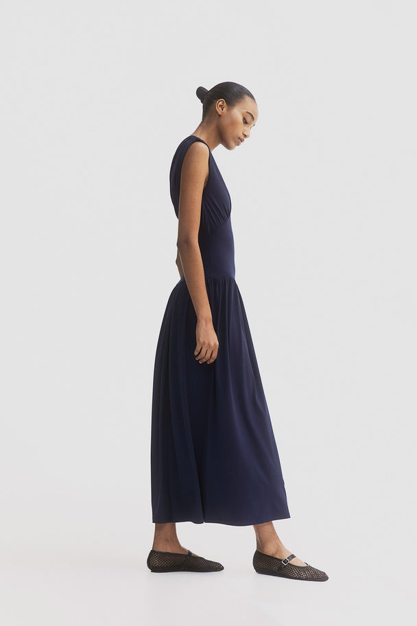 H&M One Shoulder-kjole Med Rynkninger Marineblå