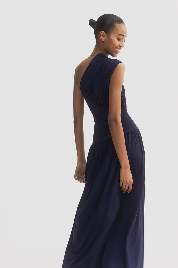 H&M One Shoulder-klänning Med Rynk Marinblå