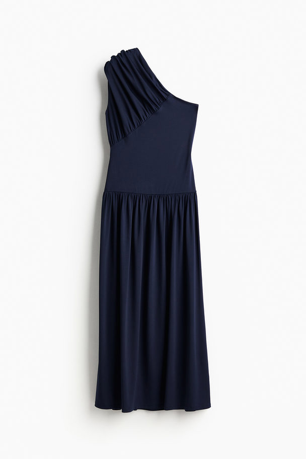 H&M One Shoulder-kjole Med Rynkninger Marineblå