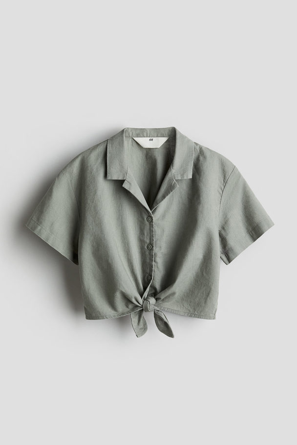 H&M Linen-blend Tie-hem Shirt Dusty Khaki Green