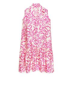 Printed Tie Neck Dress Light Beige/hot Pink