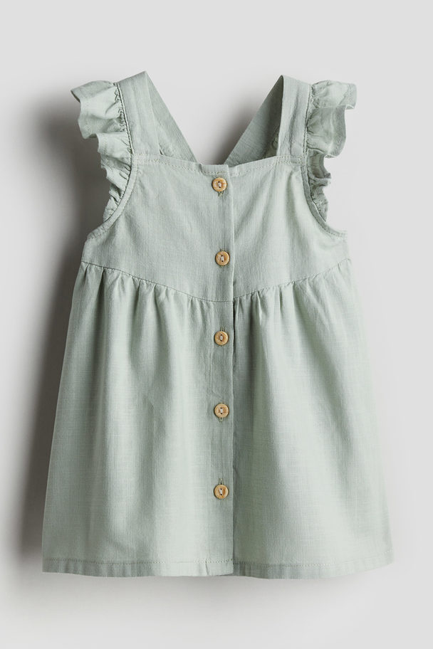 H&M Flounce-trimmed Cotton Dress Light Dusty Green