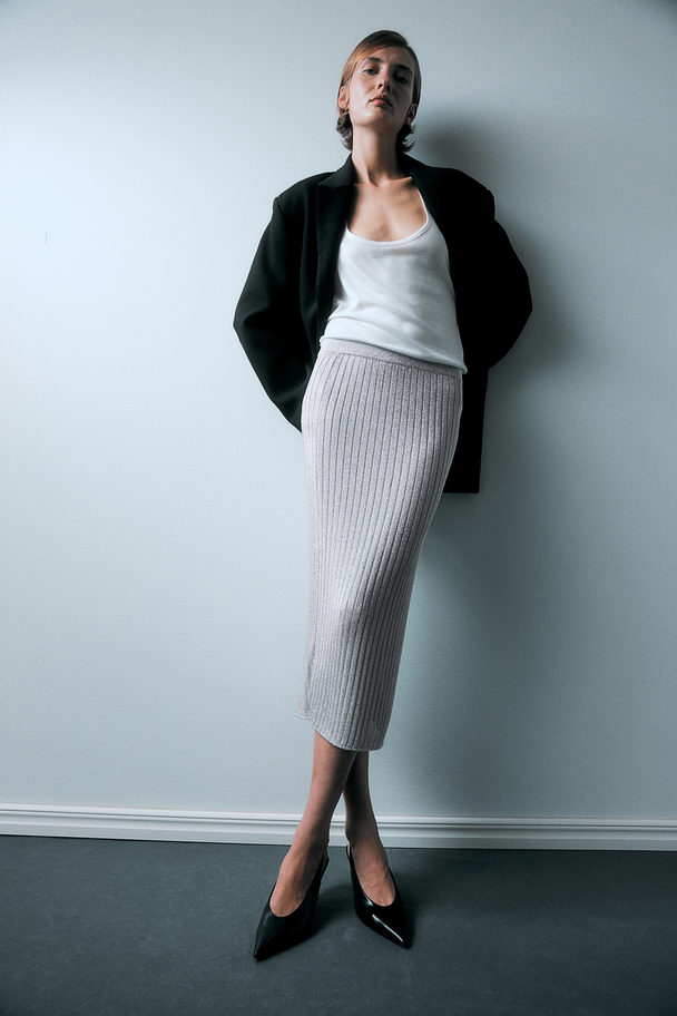 H&M Shimmering Rib-knit Skirt Silver-coloured