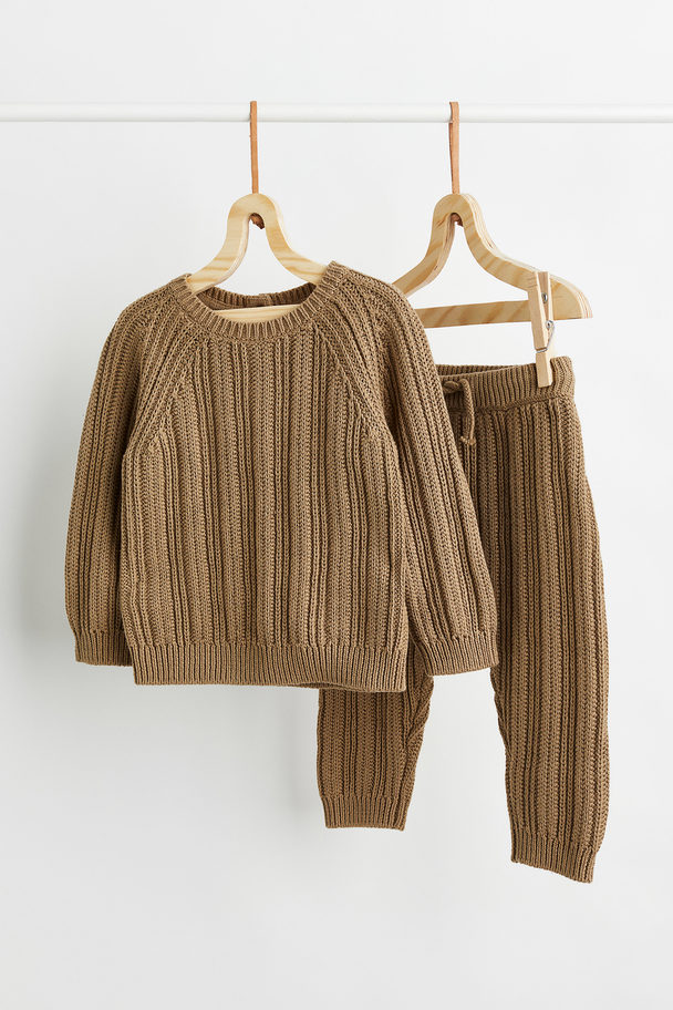 H&M 2-piece Cotton Rib-knit Set Light Brown