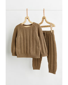 2-piece Cotton Rib-knit Set Light Brown