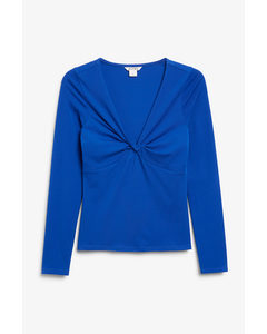 Blue V-neck Top With Ruche Knot Detail Blue