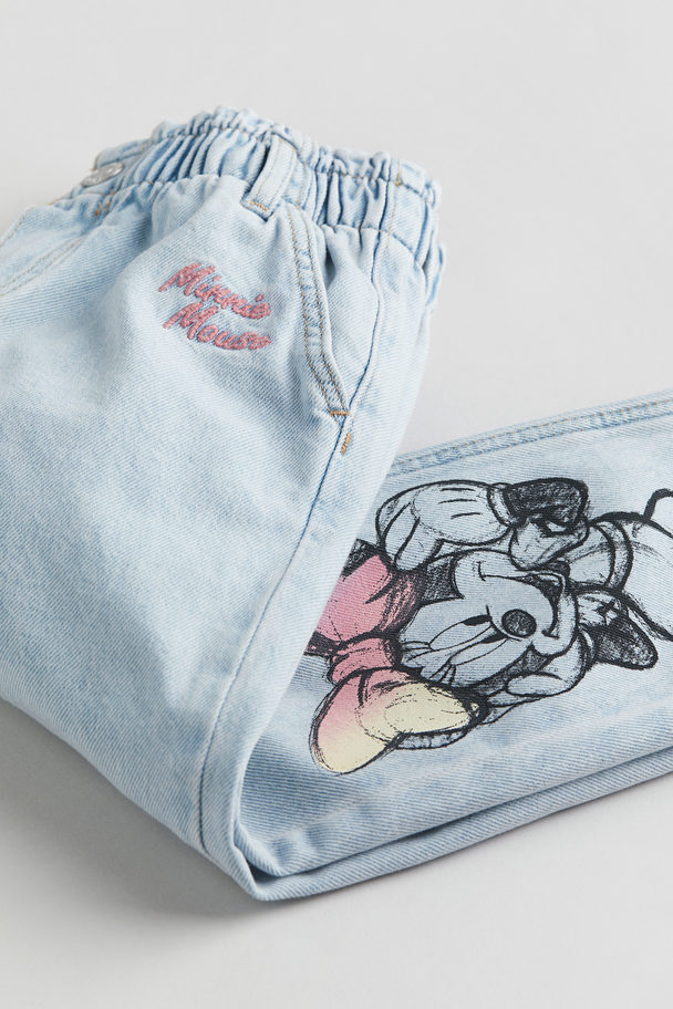 H&M Relaxed Fit Paper Bag Jeans Pale Denim Blue/minnie Mouse