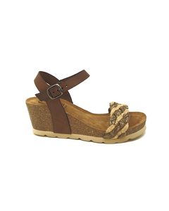 Bio Hera Wedge Sandal In Leather And Raffia Braided In Brown Colour