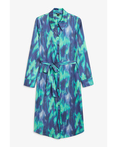 Patterned Long Sleeve Satin Shirt Dress Blue And Purple Abstract