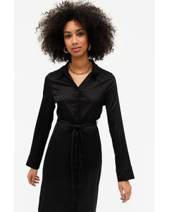 Long-sleeve Satin Shirt Dress Black