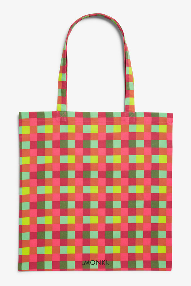 Monki Checkered Cotton Tote Bag Pink & Green