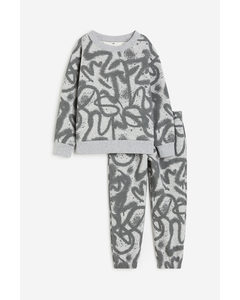 2-piece Sweatshirt And Joggers Set Light Grey/patterned