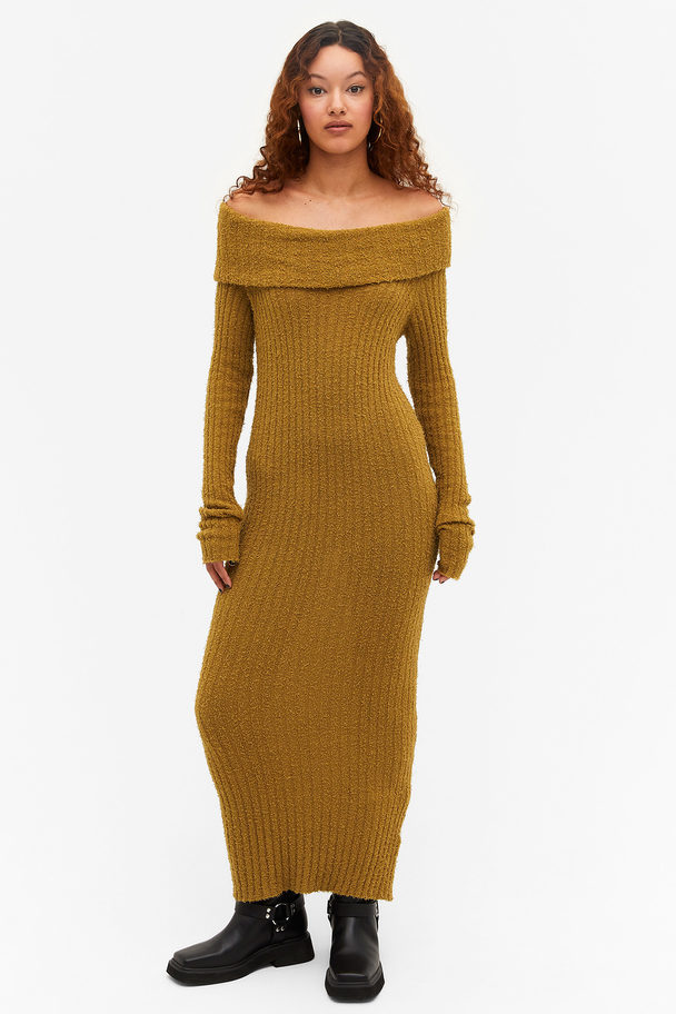 Monki Fluffy Knit Long Sleeve Dress Mustard