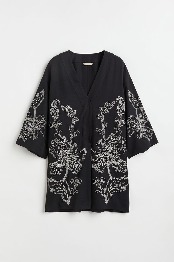 H&M Short Embroidered Kaftan Dress Black/paisley-patterned
