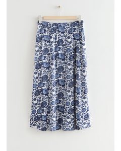 Midi-nederdel Med Print Og Slids I Siden Blå Blomster