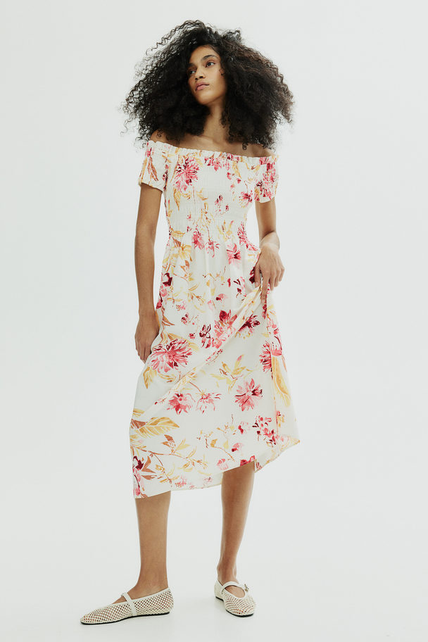 H&M Gesmokte Off-the-shoulderjurk Roomwit/bloemen