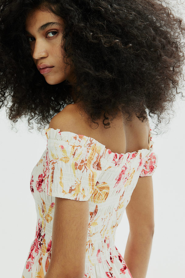 H&M Gesmokte Off-the-shoulderjurk Roomwit/bloemen